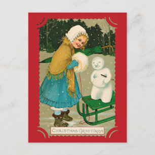 Süße Vintage-Weihnachtsgrüße Mädchen Schneemann Postkarte