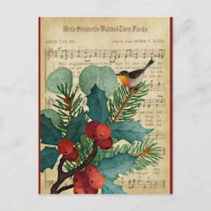 Süße Vintage-Weihnachtsvogel-Musik Postkarte