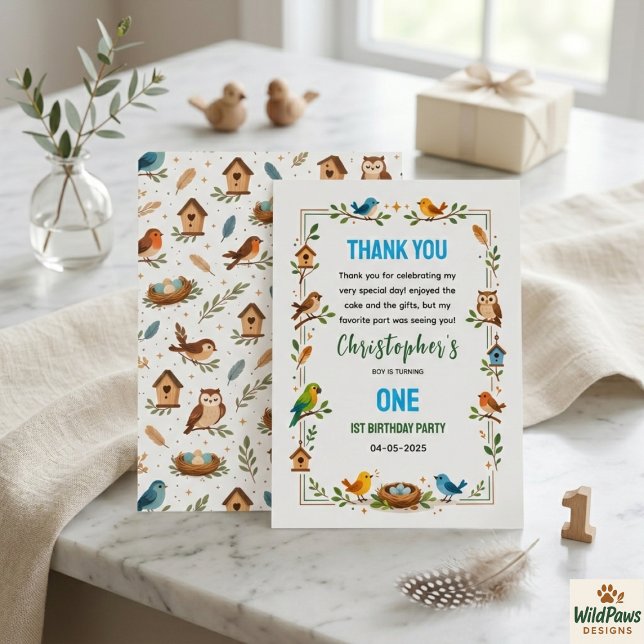 Süße Vögel 1. Geburtstag – Lustige Kinderparty Dankeskarte (Cute Birds 1st Birthday – Fun Kids Party Thank You Card
)