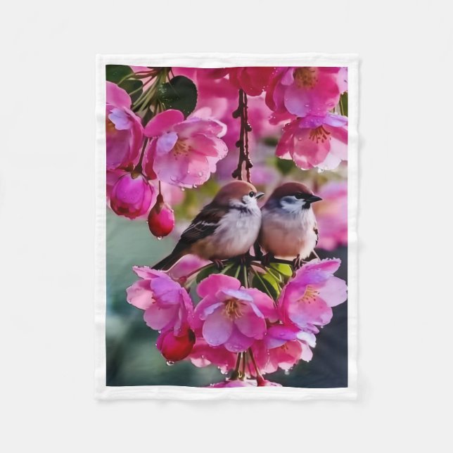 Süße Vögel auf rosa Kirschblütenbäumen Fleece Bla (Vorderseite)