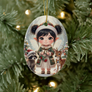 Süße Wald-Chibi Mädchen Personalisiertes Weihnacht Keramik Ornament