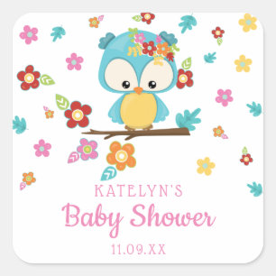 Süße Wald-Eule und Blumen Baby Mädchen Baby Shower Quadratischer Aufkleber