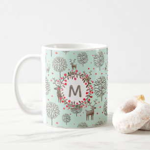 Süße Wald-Rentiere & Wasserfarbe-Monogramm Grün Kaffeetasse