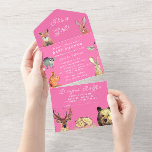 Süße Waldtiere Es ist ein Mädchen Baby Shower All In One Einladung