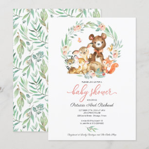 Süße Waldtiere Grün Babyparty Einladung