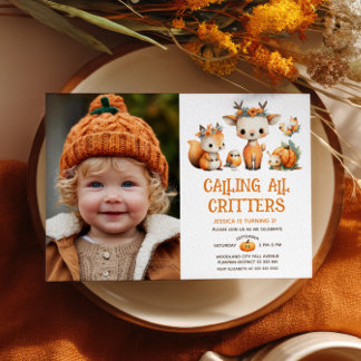 Süße Waldtiere Herbst Kinder-Geburtstagsfoto Einladung