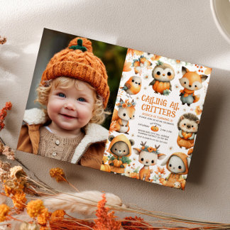 Süße Waldtiere Herbst Kinder-Geburtstagsfoto Einladung