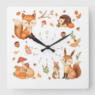 Süße Waldtiere Herbstwanduhr mit Fuchs Quadratische Wanduhr