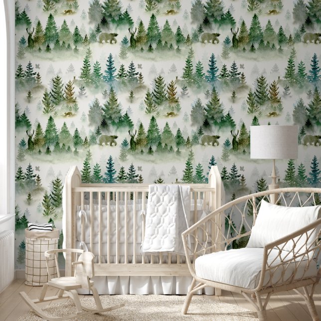 Süße Waldtiere Wasserfarben Muster Kinder Tapete (Kinder)