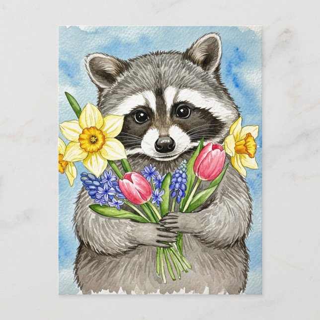 Süße Waschbär mit Frühlingsblumen Postkarte (Vorderseite)
