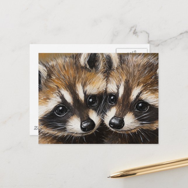 Süße Waschbärbabys Malerei Postkarte (Vorderseite/Rückseite Beispiel)