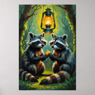 Süße Waschbären halten Laterne - Whimsical Forest  Poster