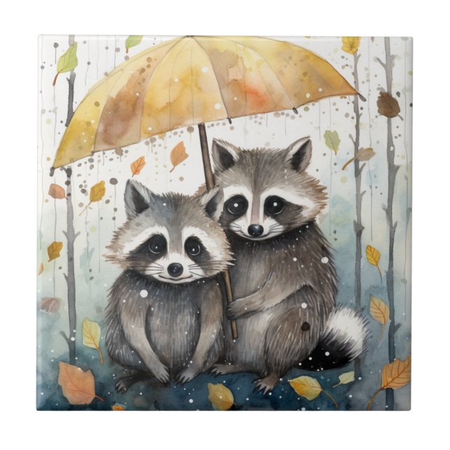 Süße Waschbären im Regen Fliese (Vorderseite)