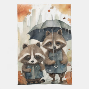 Süße Waschbären im Regen Geschirrtuch