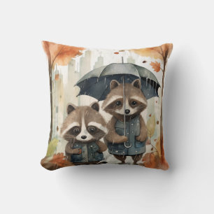 Süße Waschbären im Regen Kissen