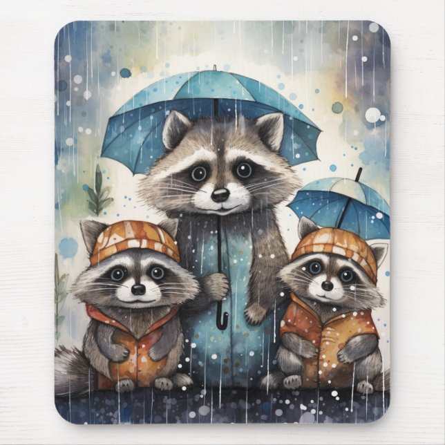 Süße Waschbären im Regen Mousepad (Vorne)