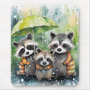Süße Waschbären im Regen Mousepad