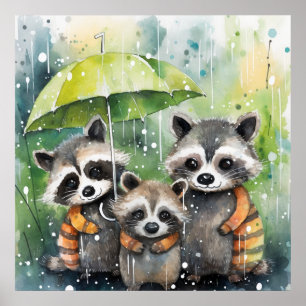 Süße Waschbären im Regen Poster