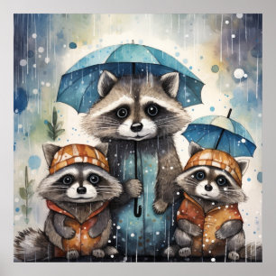 Süße Waschbären im Regen Poster