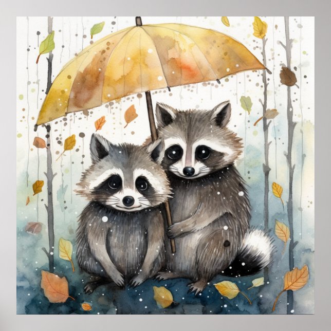 Süße Waschbären im Regen Poster (Vorne)