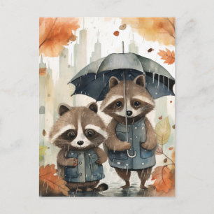 Süße Waschbären im Regen Postkarte