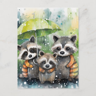 Süße Waschbären im Regen Postkarte