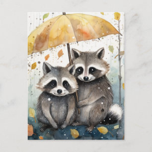 Süße Waschbären im Regen Postkarte