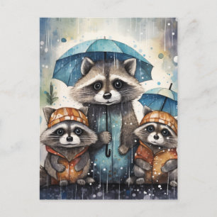 Süße Waschbären im Regen Postkarte