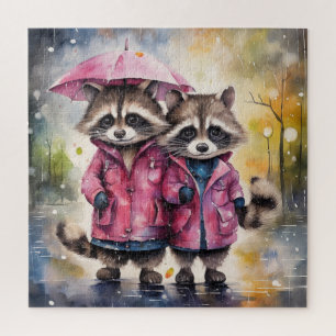 Süße Waschbären im Regen Puzzle