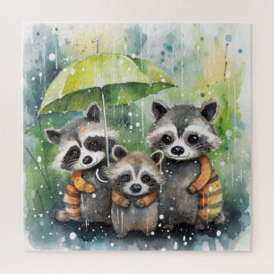 Süße Waschbären im Regen Puzzle