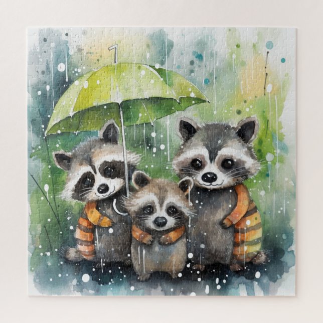 Süße Waschbären im Regen Puzzle (Vertikal)