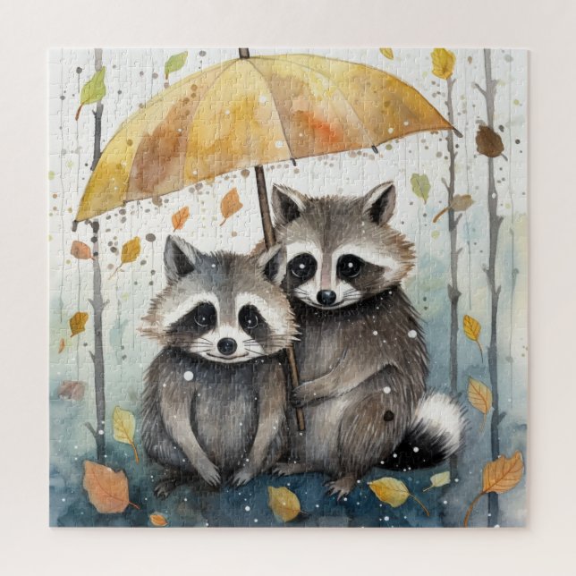 Süße Waschbären im Regen Puzzle (Vertikal)