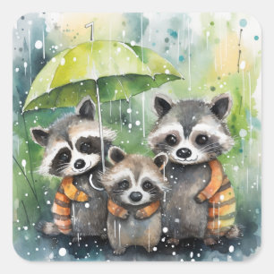 Süße Waschbären im Regen Quadratischer Aufkleber