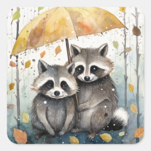 Süße Waschbären im Regen Quadratischer Aufkleber