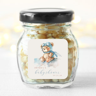 Süße Wasserfarbe Blau Teddybär Jungen-Baby-Party Quadratischer Aufkleber