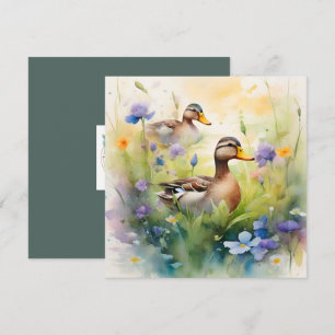 Süße Wasserfarbe-Ente mit Wildblumen leer Karte