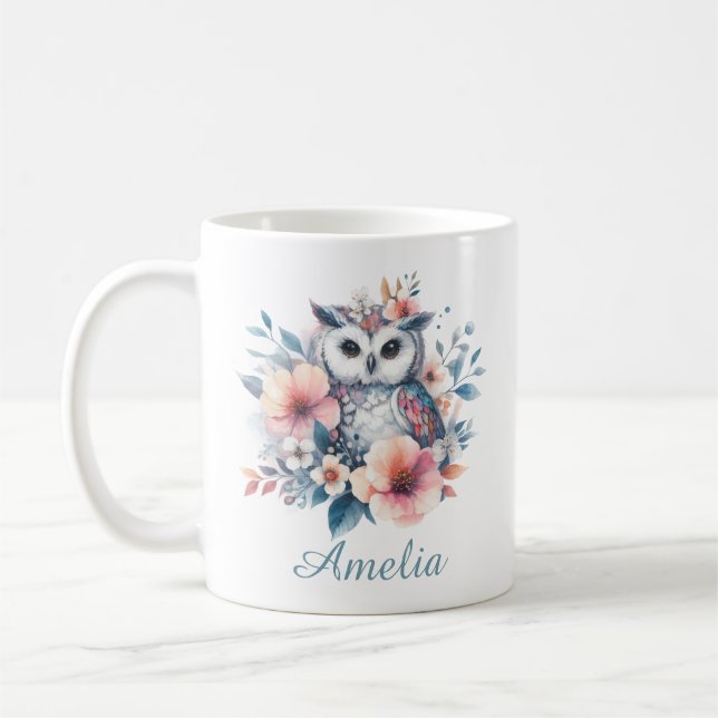 Süße Wasserfarbe Eule Kirschblüten Personalisiert  Kaffeetasse (Links)