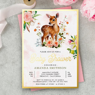 Süße Wasserfarbe Floralhirsch Baby Shower Gold Folieneinladung