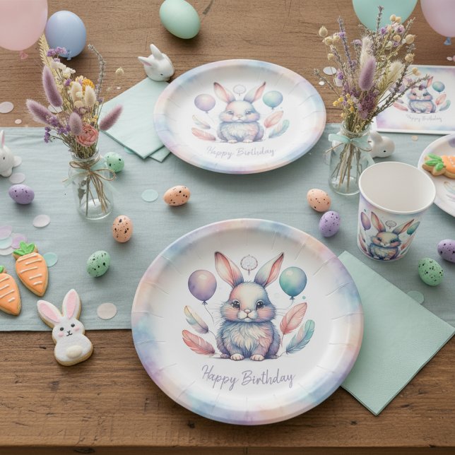 Süße Wasserfarbe-Hasen-Ballon-Geburtstag  Pappteller (Cute Watercolor Bunny Rabbit Balloons Birthday Paper Plates)