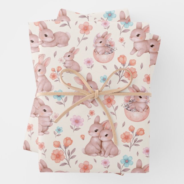 Süße Wasserfarbe-Hasen & Blumen Muster Geschenkpapier Set (Beispiel)
