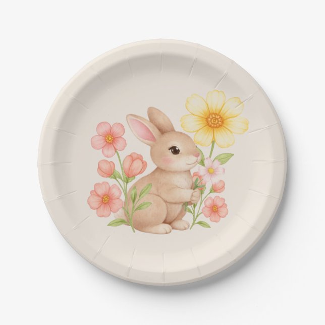 Süße Wasserfarbe-Hasen-Blumen-  Pappteller (Vorderseite)
