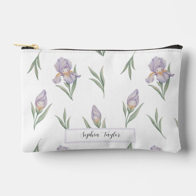 Süße Wasserfarbe Iris Blumen Custom Name Zubehörtasche (Vorderseite)