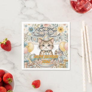 Süße Wasserfarbe-Katze Erste Geburtstags-Papier-Se Serviette