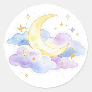 Süße Wasserfarbe Mond Wolken Sterne Pastell Himmel Runder Aufkleber