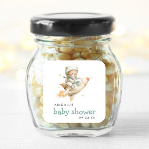 Süße Wasserfarbe Teddybär-Astronaut-Baby-Shower Quadratischer Aufkleber
