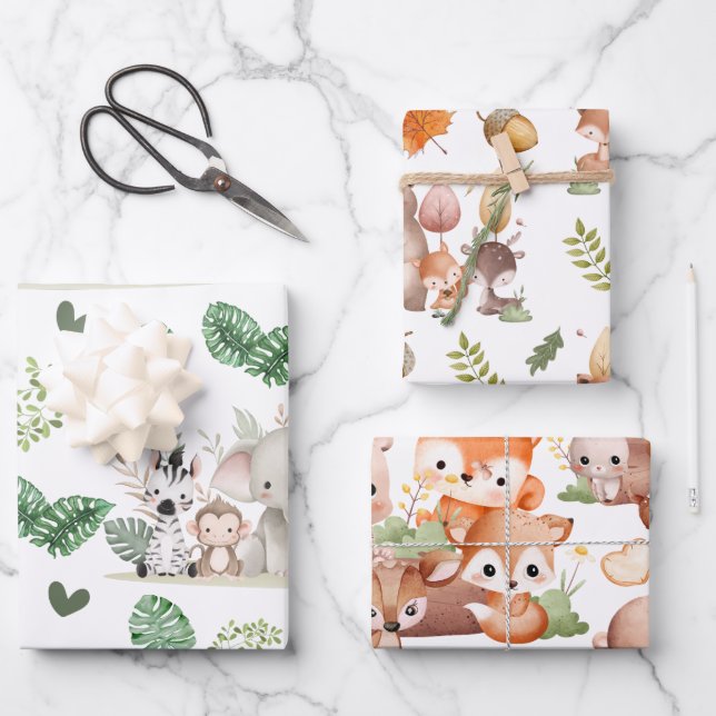 Süße Wasserfarbe-Waldtiere Geschenkpapier Set (Vorderseite)