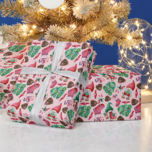 Süße Wasserfarbe-Weihnachts-Gnome-Muster Rosa Geschenkpapier