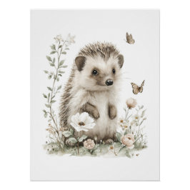 Süße Wasserfarben-Babytiere mit Blumen Poster