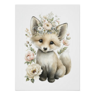 Süße Wasserfarben-Babytiere mit Blumen Poster