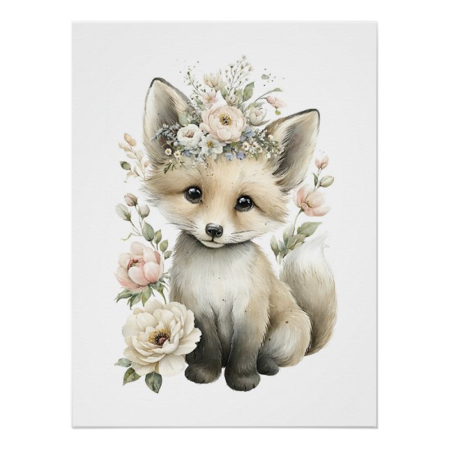 Süße Wasserfarben-Babytiere mit Blumen Poster (Vorderseite)
